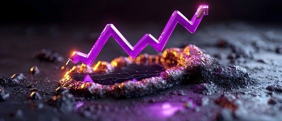 Poster - glowing purple line chart graph ascending on dramatic shadowy 3d render of corporate finance and eco