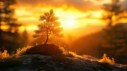 Poster - A golden sunset over a peaceful forest, highlighting a small pine tree on a log, surrounded by nature tranquility and beauty.