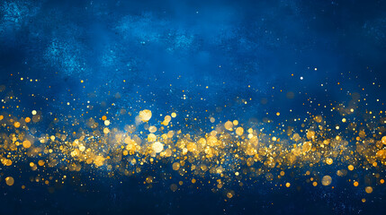 Wall Mural - Festive soft bokeh background with shimmering golden particles against a deep blue canvas, ideal for holiday celebrations and themed designs4k image