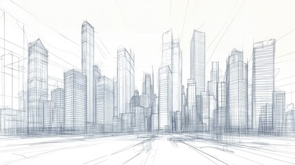 Aufkleber - A hand-drawn sketch featuring a detailed modern city skyline, with towering skyscrapers and intricate lines that capture the essence of urban architecture.