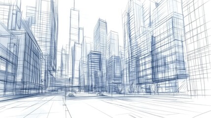 Aufkleber - A hand-drawn sketch featuring a detailed modern city skyline, with towering skyscrapers and intricate lines that capture the essence of urban architecture.