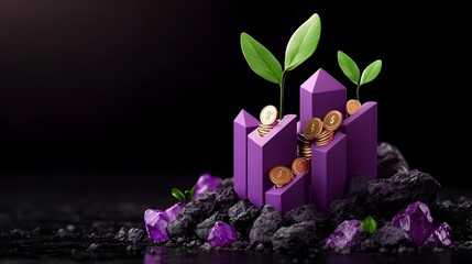 Poster - chic purple business chart expanding on dark background with elegant 3d digital of corporate financi