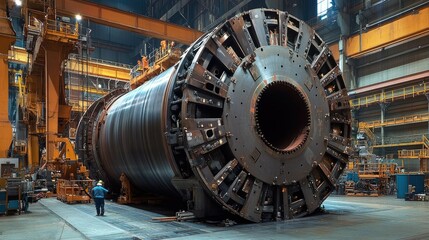 Poster - A large steel coil lies on a factory floor, surrounded by industrial machinery and structures, emphasizing the scale and power of the manufacturing process.