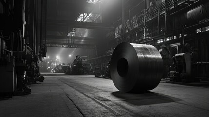 Poster - A massive steel coil rests on the factory floor, surrounded by large machinery, showcasing the strength and efficiency of industrial production.