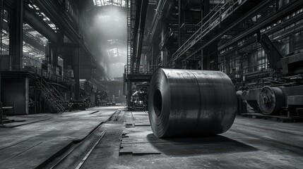 Poster - A massive steel coil rests on the factory floor, surrounded by large machinery, showcasing the strength and efficiency of industrial production.