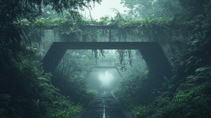 Aufkleber - A misty road scene featuring a concrete overpass, surrounded by lush greenery, creating a mysterious and serene atmosphere.