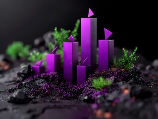 Poster - Ascending Purple Data Graph Rising from a Shadowy Backdrop Conveying the Concept of Financial Growth and Progress through a 3D Digital