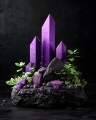 Poster - Sleek Purple Data Visualization Chart Spiking on Moody Dark Backdrop Depicting Successful Business Trends and Financial Prosperity  3D CGI with Cinematic Lighting Constructivism Inspired Design