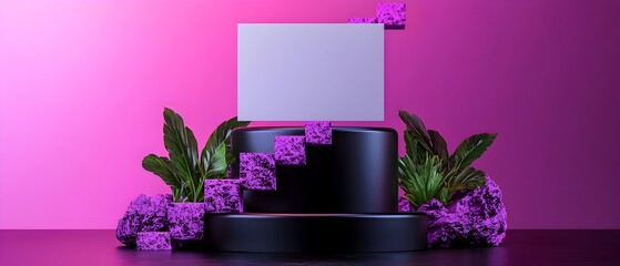 Poster - Conceptual 3D Rendering of a Purple Organizational Diagram Scaling Over a Dark Foundation Symbolizing the Visualization of Corporate Growth and Financial Momentum in a Sleek