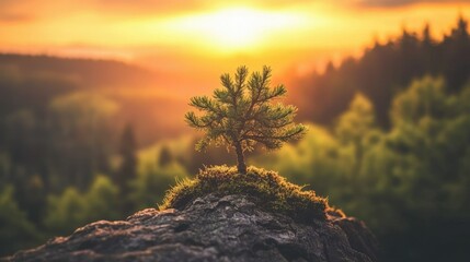 Poster - A peaceful sunset over a lush forest, with a small pine tree growing on a log, capturing the serene beauty of nature.