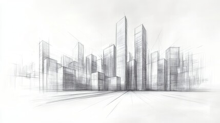 Aufkleber - A pencil sketch capturing the sleek, towering skyscrapers of a modern city skyline, emphasizing their geometric shapes and intricate design details.