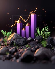 Poster - elegant low poly purple chart graph drifting in a dimly lit cinematic environment with a mock up zon