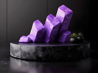 Poster - Elevated Purple Infographic Displayed on a Reflective Dark Table Symbolizing the Visualization of Economic Growth and Productivity in a Modern Minimalist Office Environment