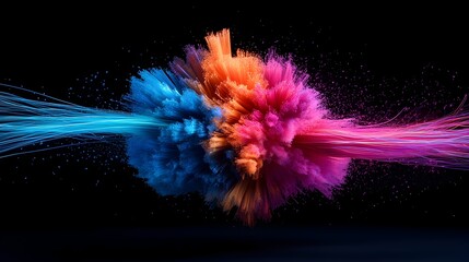 Poster - Intense illuminated fibers of various hues twisting and turning on a black background vibrant neon threads intertwining in a chaotic dance brilliant fiber optic cables pulsating with colorful energy