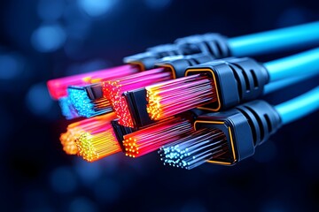 Poster - Tight macro view of a dense tangled web of multicolored fiber optic cables pulsing with vivid neon like illumination set against a murky industrial inspired background in high contrast photography