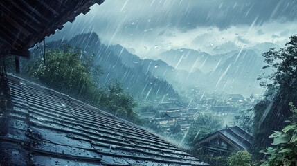 Poster - A rainy day scene with water droplets cascading from a corrugated roof, adding to the tranquil atmosphere of the storm.