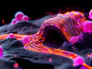 Poster - Mesmerizing glowing fiber optic cables snaking and undulating across a mysterious shadowy black background with cinematic chiaroscuro lighting and captivating holographic effects