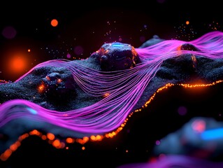Poster - Mesmerizing fiber optic filaments woven across an enigmatic shadowy plane in a cinematic 3D rendering featuring vibrant neon colors and a futuristic technological landscape with a moody