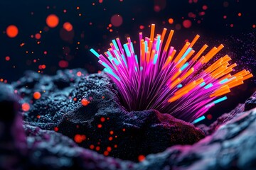 Poster - Tight macro level view of a dense web of multicolored fiber optic cables pulsing with vivid neon like illumination set against a murky industrial inspired background with high visual contrast