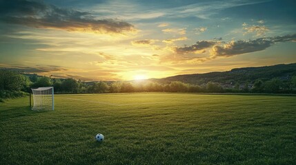 Poster - A scenic view of a grassy field at sunset, with a soccer goal and ball placed in the foreground, evoking a peaceful and athletic atmosphere.