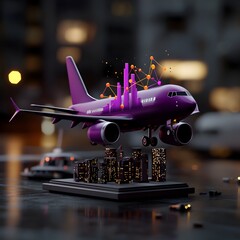 Poster - Floating Purple Business Diagram Above Glossy Dark Plane Metaphorical Representation of Financial Progress and Innovation  3D CGI Render with Dramatic Chiaroscuro Lighting Avant Garde Abstract Style