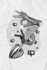 Poster - Vertical collage picture of black white effect arm fingers hold mini guy use netbook huge mouth talking like notification
