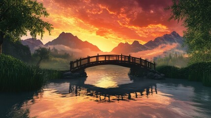 Poster - A scenic wooden bridge over a calm river, with mountains and a fiery sunset sky creating a breathtaking natural backdrop.