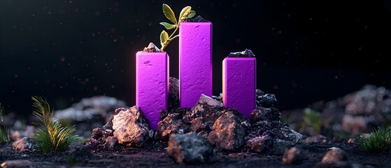 Poster - futuristic purple bar chart sprouting from mysterious dark environment symbolizing innovative busine