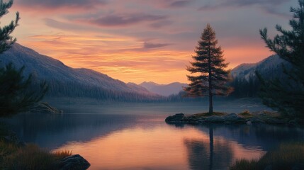 Poster - A single pine tree by a calm river at sunset, framed by towering mountains, capturing nature's beauty and solitude.