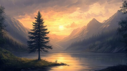 Poster - A single pine tree by a calm river at sunset, framed by towering mountains, capturing nature's beauty and solitude.