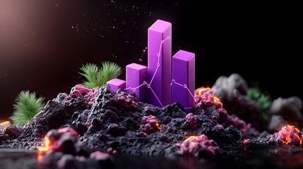 Poster - futuristic purple business graph rising on dark backdrop with mock up area symbolic of financial gro