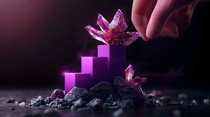 Poster - elegant ascending purple business graph visualizing financial data in a 3d rendering with a minimali