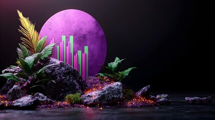 Poster - streamlined purple graph chart on a dark moody background with negative space representing financial