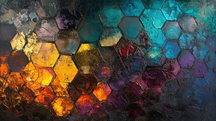 Poster - A stunning abstract arrangement of hexagonal shapes with a shimmering metallic surface, reflecting light in vibrant colors.