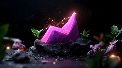 Poster - futuristic purple business graph rising on dark backdrop with mock up area symbolic of financial dev
