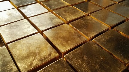 Aufkleber - A textured arrangement of shiny gold blocks, closely captured to highlight their gleaming surface and the intricate design of the pattern.