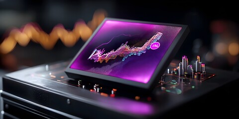 Poster - Sophisticated holographic purple graph chart projection hovering above a darkened technological backdrop visualizing complex financial trends and insights in a cinematic 3D render