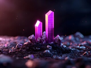 Poster - Majestic Purple Holographic Business Infographic Chart Rising from Dark Futuristic Landscape