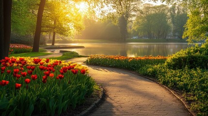 Poster - A tranquil park scene with a winding path, vibrant flowers, and a reflective lake under the warm glow of sunlight, creating a calm and peaceful setting.