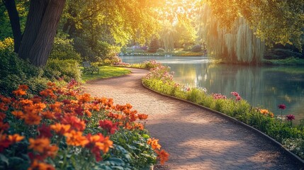 Poster - A tranquil park scene with a winding path, vibrant flowers, and a reflective lake under the warm glow of sunlight, creating a calm and peaceful setting.