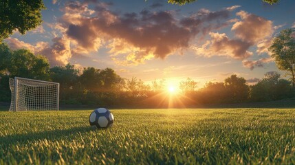 Aufkleber - A tranquil sunset casts a warm glow over a grassy field, with a soccer ball and goal in the foreground, symbolizing a leisurely day of sport.