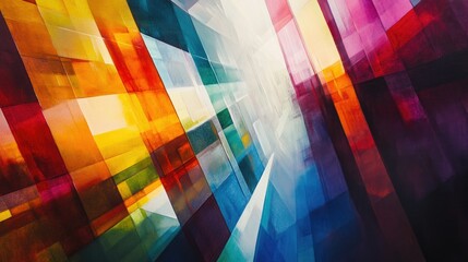 Poster - A vibrant abstract composition of rectangular shapes radiating energy and light, evoking a sense of depth, motion, and futuristic power.