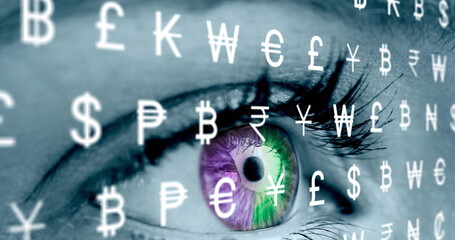 Poster - Image of currency data processing over close up of woman's eye