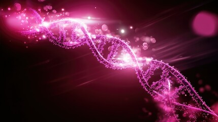Poster - A vibrant, close-up shot of a pink DNA double helix structure, sparkling with light and energy against a dark backdrop, highlighting its beauty.