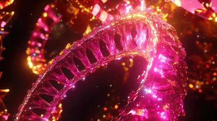 Poster - A vibrant, close-up shot of a pink DNA double helix structure, sparkling with light and energy against a dark backdrop, highlighting its beauty.