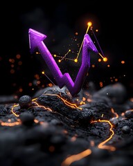 Poster - Intricate 3D purple infographic chart emerging from a dark and dramatic cyberpunk inspired environment visualizing the concepts of financial success and business growth in a sleek
