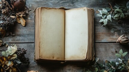 Poster - A vintage open book with aged, blank pages spread on a weathered wooden table, surrounded by natural textures and antique elements.