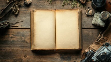 Poster - A vintage open book with aged, blank pages spread on a weathered wooden table, surrounded by natural textures and antique elements.