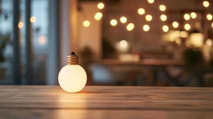 Poster - A warm and cozy scene with glowing bulbs against a blurred bokeh background, placed on a rustic wooden table, creating a peaceful, intimate atmosphere.