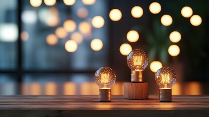 Poster - A warm and cozy scene with glowing bulbs against a blurred bokeh background, placed on a rustic wooden table, creating a peaceful, intimate atmosphere.